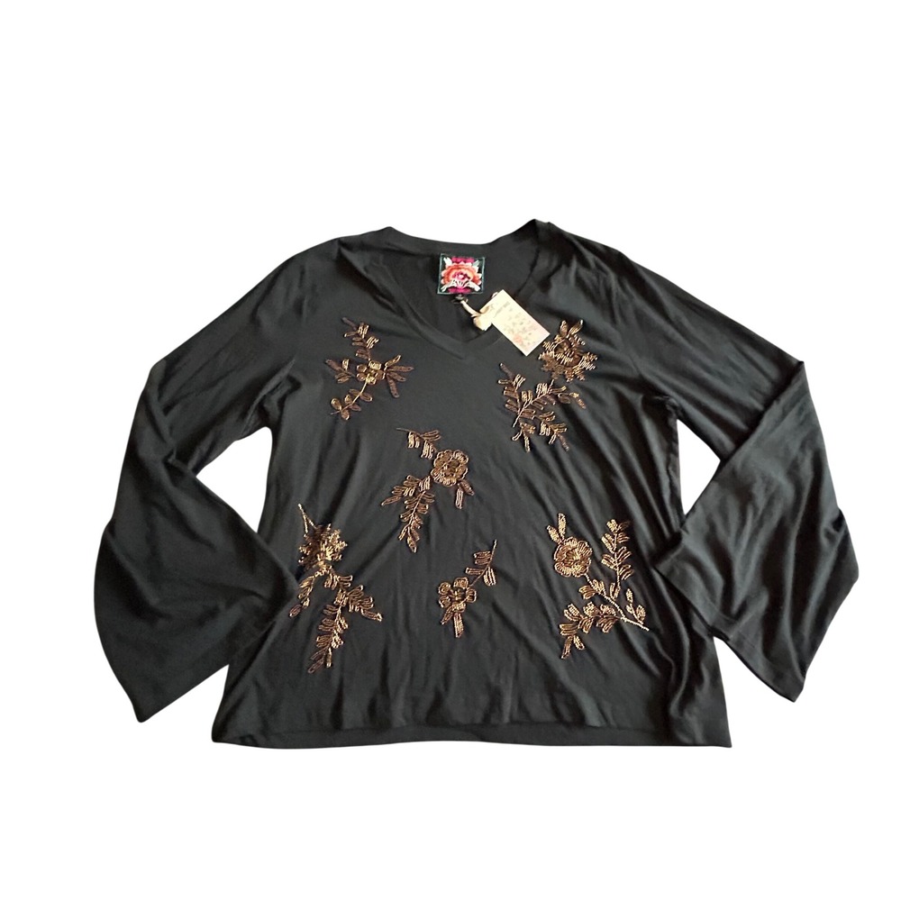 Johnny Was Black Beaded Floral V-Neck Bell Sleeve Top XL NEW